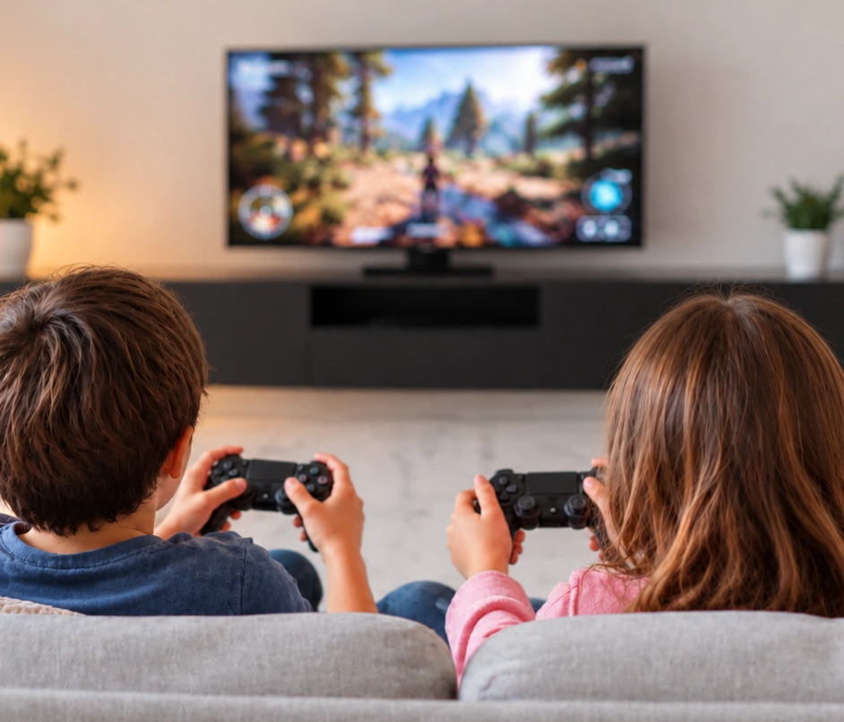 Dos niños jugando a una consola frente al televisor